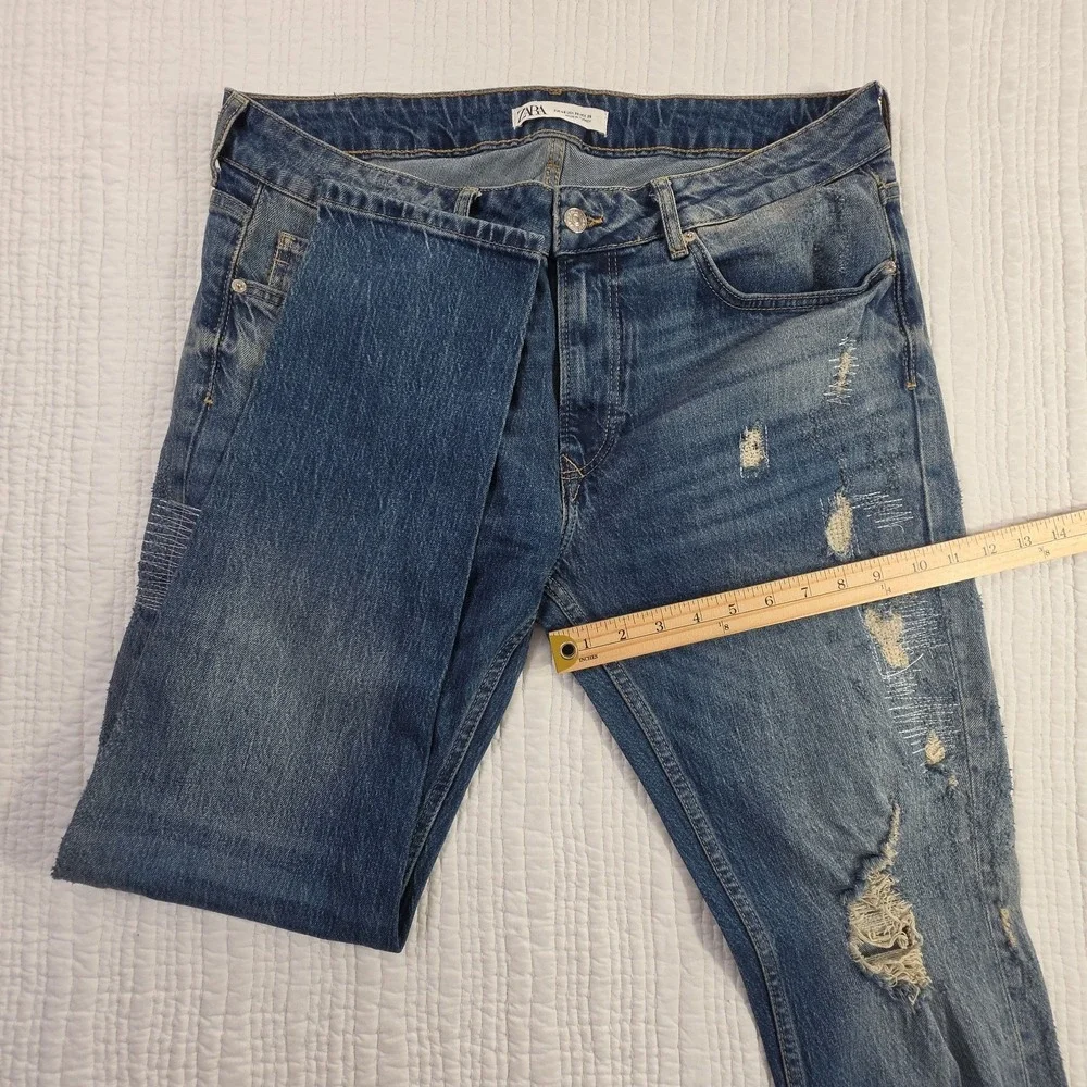 Zara Jeans Men's 36x30 Med Wash Destroyed Patched Tapered Leg Stretch Denim